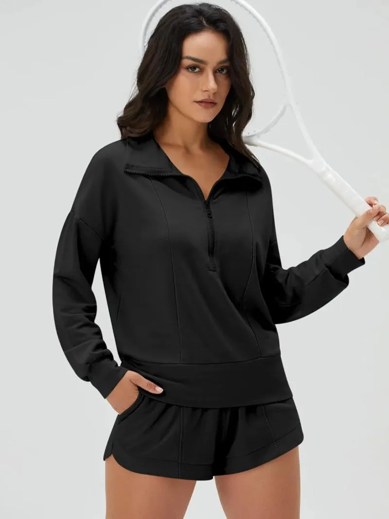 Zip V-Neck Sweatshirt & Shorts Tracksuit Set