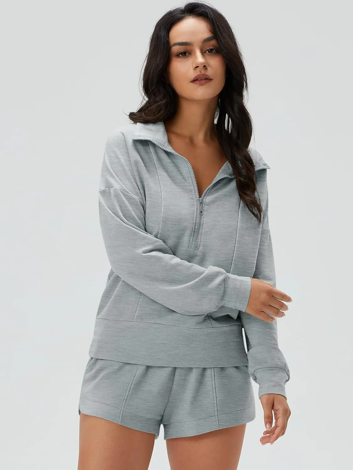 Zip V-Neck Sweatshirt & Shorts Tracksuit Set