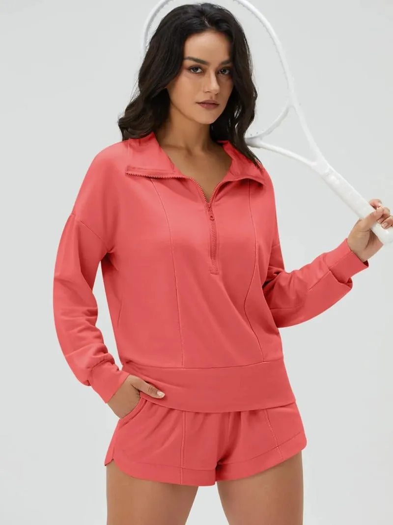 Zip V-Neck Sweatshirt & Shorts Tracksuit Set