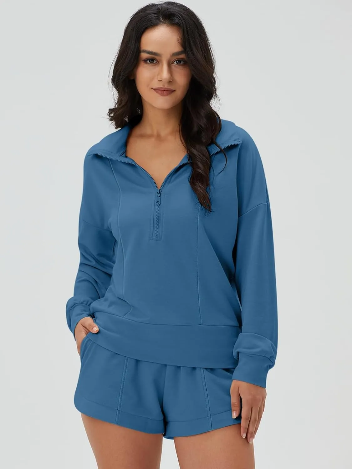 Zip V-Neck Sweatshirt & Shorts Tracksuit Set