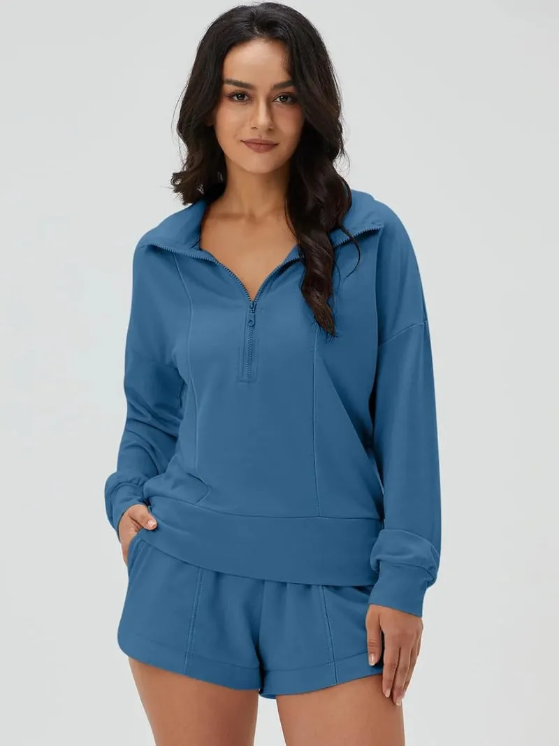 Zip V-Neck Sweatshirt & Shorts Tracksuit Set