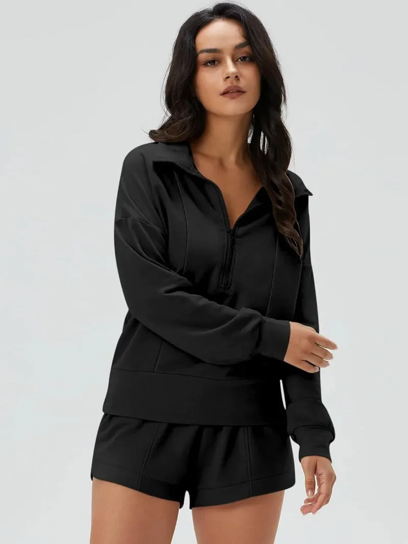 Zip V-Neck Sweatshirt & Shorts Tracksuit Set