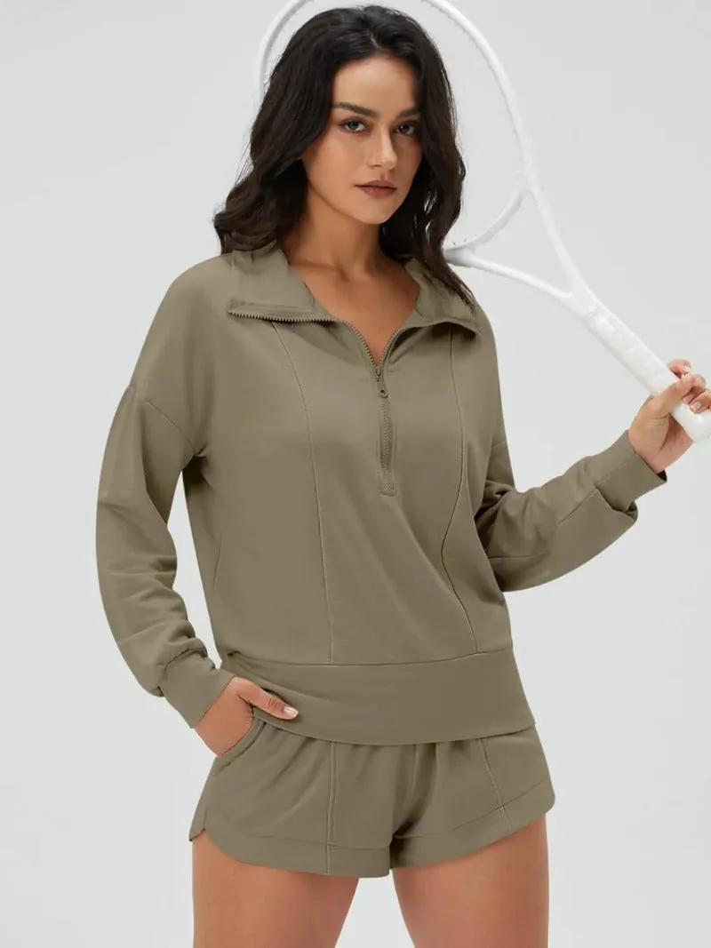 Zip V-Neck Sweatshirt & Shorts Tracksuit Set