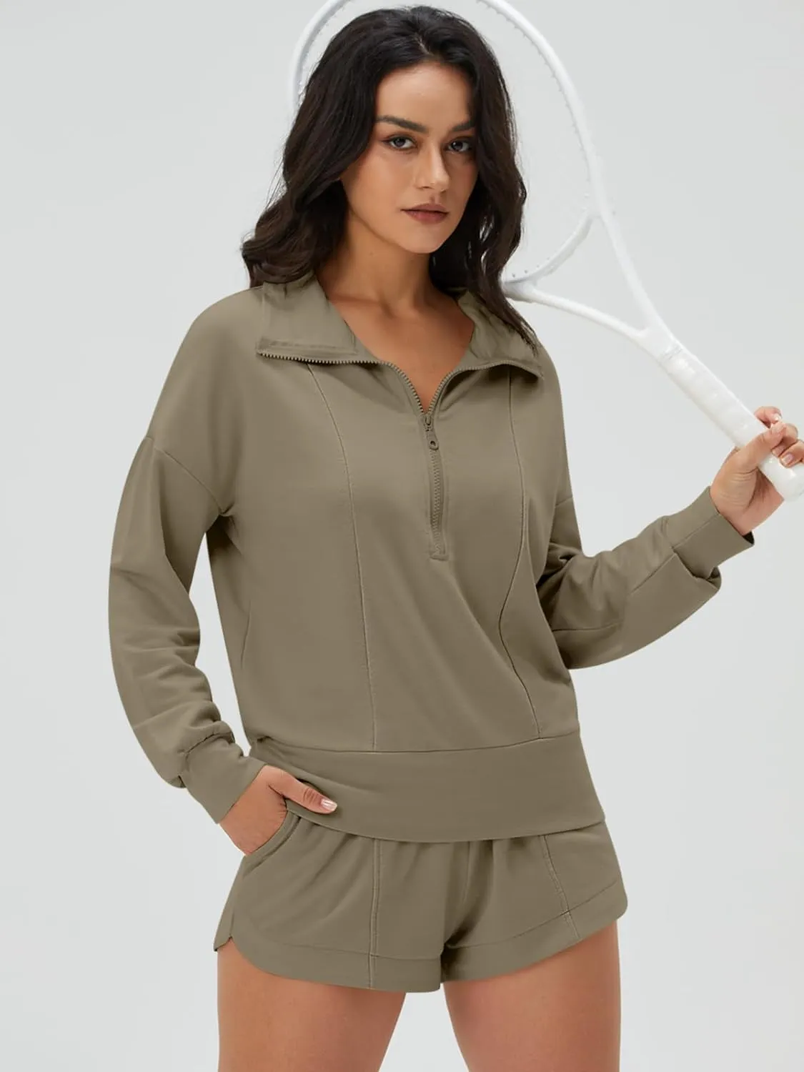 Zip V-Neck Sweatshirt & Shorts Tracksuit Set