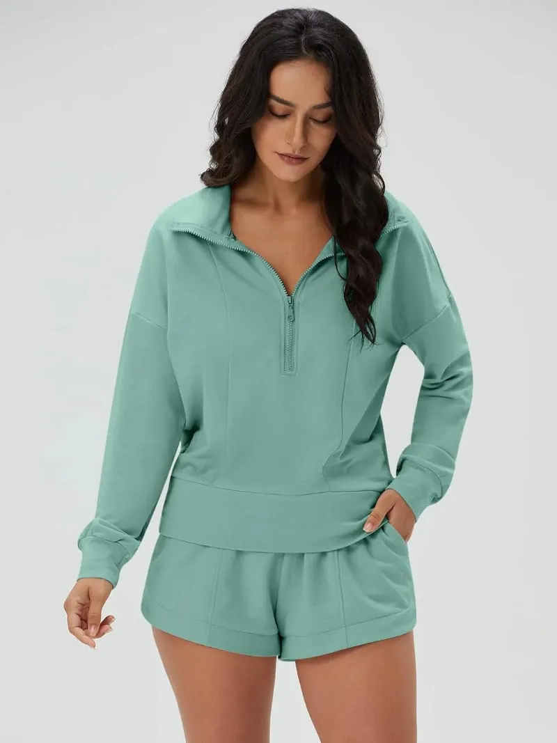 Zip V-Neck Sweatshirt & Shorts Tracksuit Set