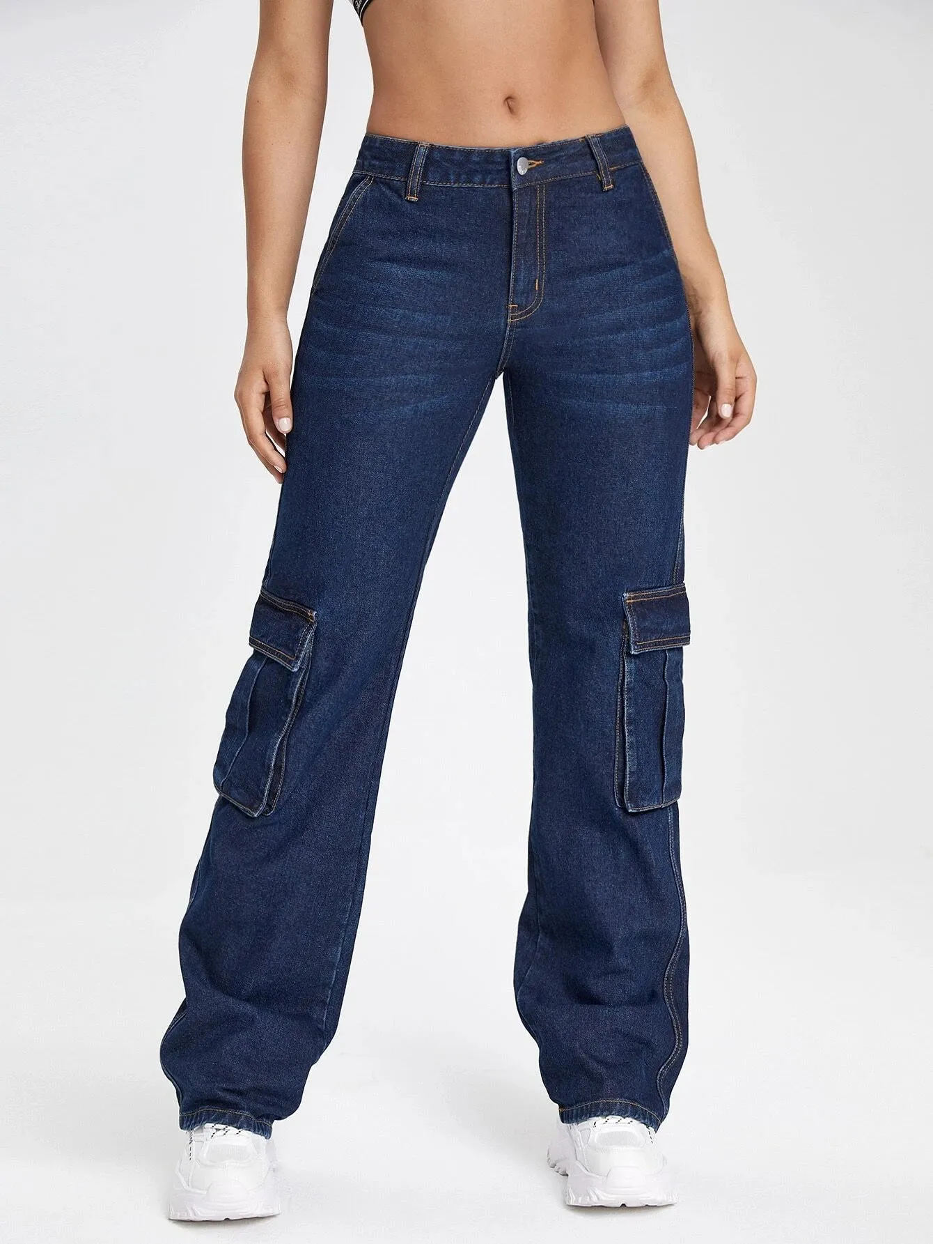 Zipper Fly Flap Pocket Cargo Jeans