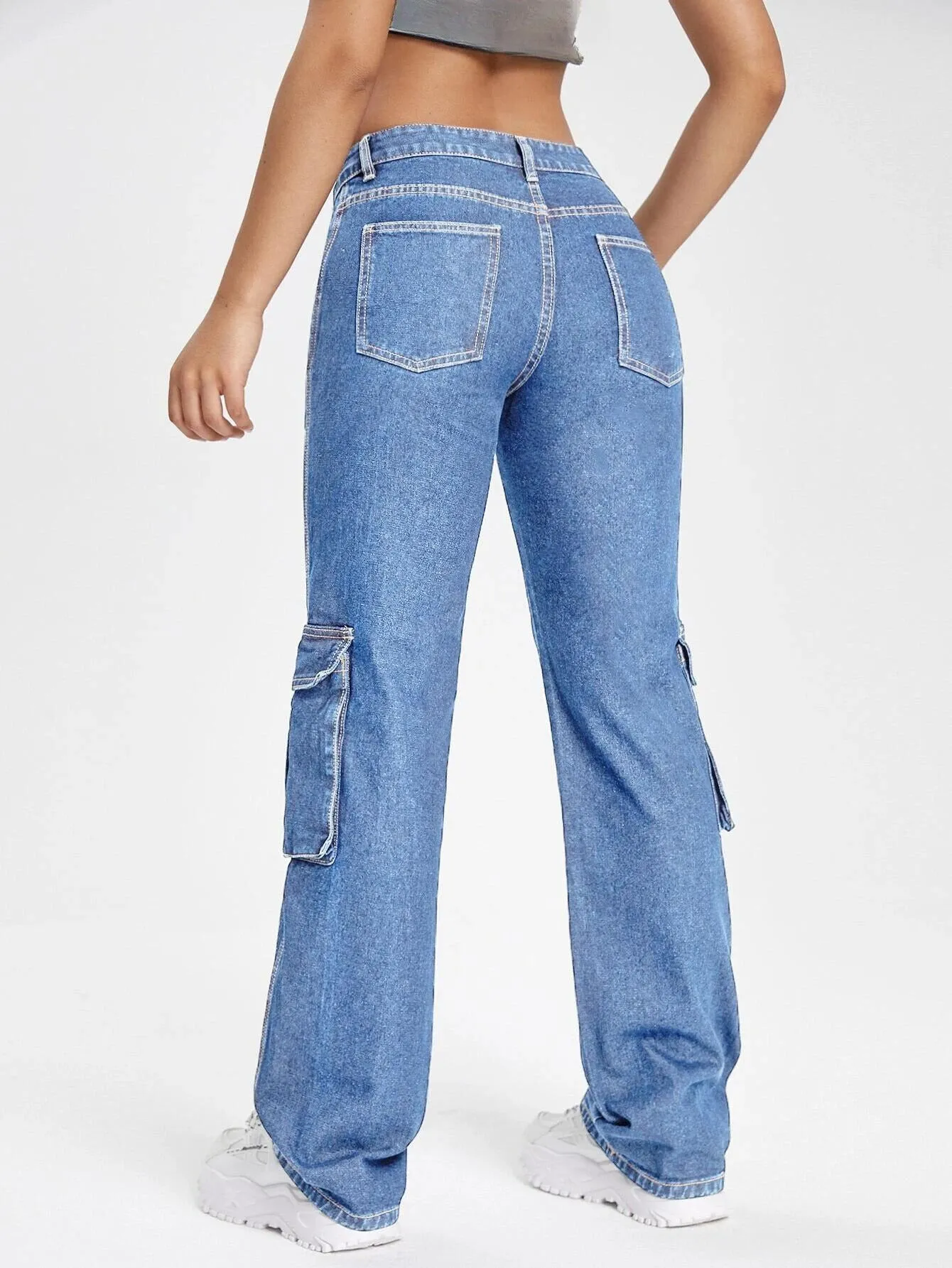Zipper Fly Flap Pocket Cargo Jeans
