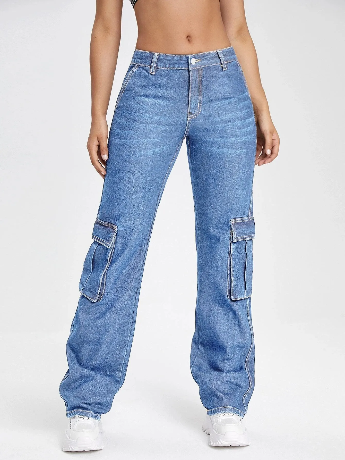 Zipper Fly Flap Pocket Cargo Jeans