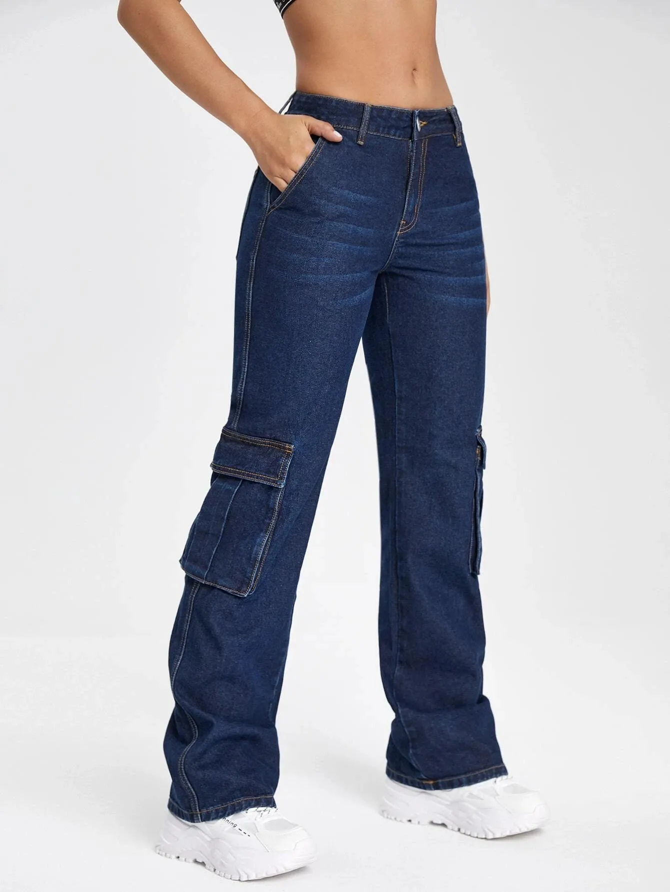Zipper Fly Flap Pocket Cargo Jeans