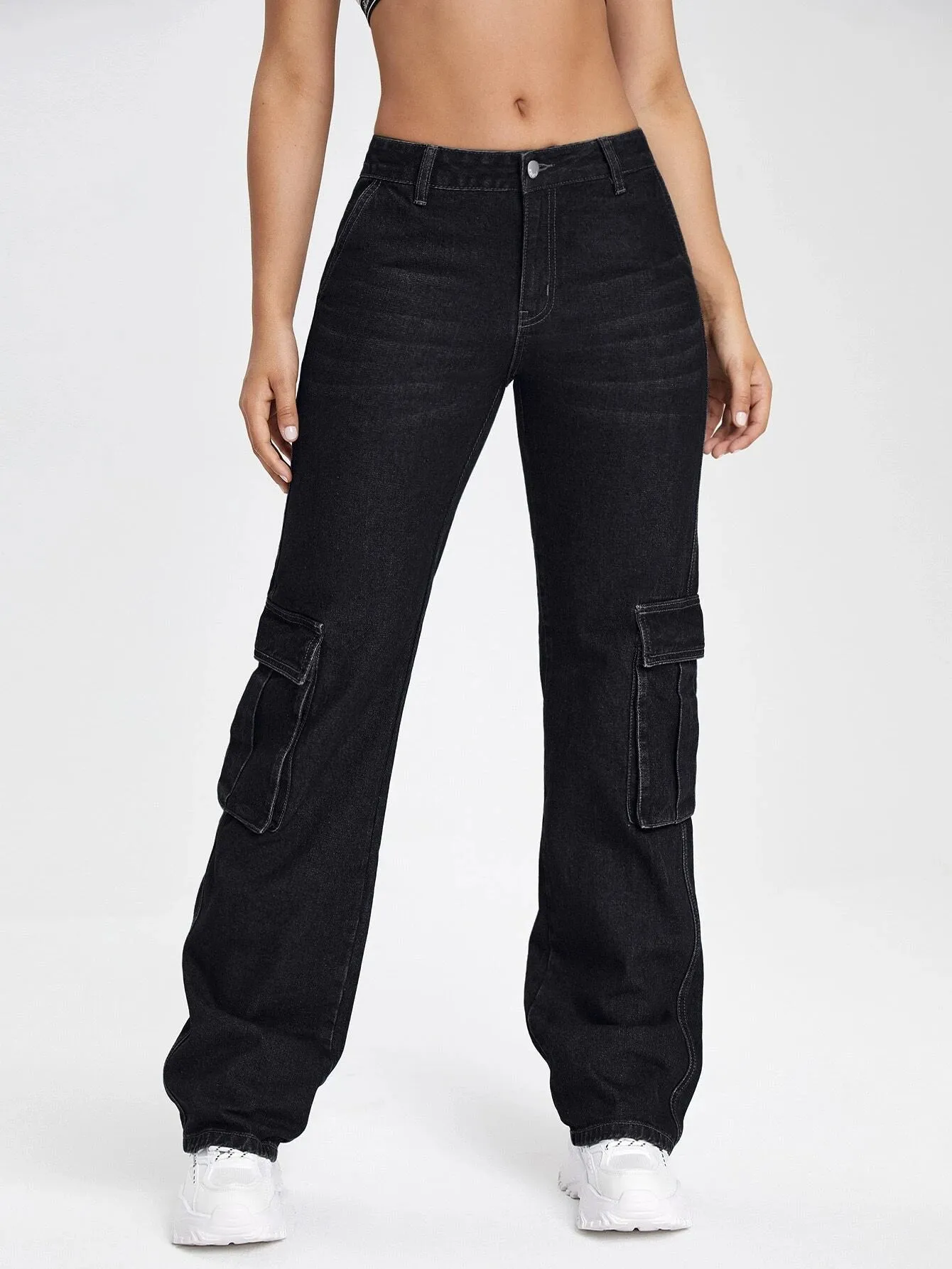 Zipper Fly Flap Pocket Cargo Jeans